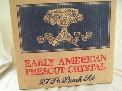 Anchor Hocking c.1960s prescut crystal punch bowl set w/12 cups