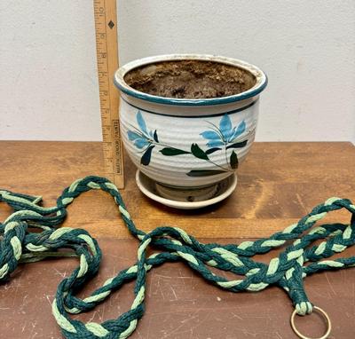 Vintage Pottery Plant Pot with built in drip tray and macrame hanger