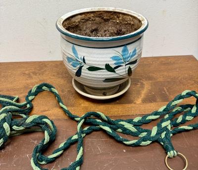 Vintage Pottery Plant Pot with built in drip tray and macrame hanger
