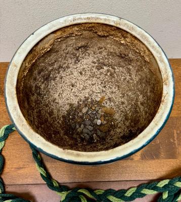 Vintage Pottery Plant Pot with built in drip tray and macrame hanger