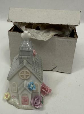 Miniature Porcelain Church with Flower Embellishment