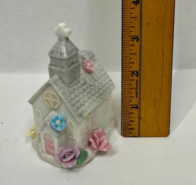 Miniature Porcelain Church with Flower Embellishment