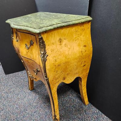 Sale Photo Thumbnail #343: Beautiful Burl wood and Ormolu Bombe commode nightstand chest.  Two drawers .  The marble top is not attached, it just sits atop the table.  This piece is in very nice condition.  Retail prices range from $550 to $1200.  
29.5 inches tall, 23.5 inches wid