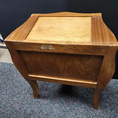Sale Photo Thumbnail #345: Beautiful Burl wood and Ormolu Bombe commode nightstand chest.  Two drawers .  The marble top is not attached, it just sits atop the table.  This piece is in very nice condition.  Retail prices range from $550 to $1200.  
29.5 inches tall, 23.5 inches wid