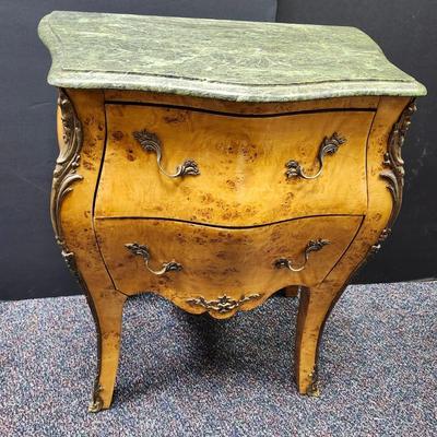 Sale Photo Thumbnail #341: Beautiful Burl wood and Ormolu Bombe commode nightstand chest.  Two drawers .  The marble top is not attached, it just sits atop the table.  This piece is in very nice condition.  Retail prices range from $550 to $1200.  
29.5 inches tall, 23.5 inches wid