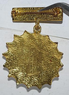 Large Clear Glass Beveled Stone Dangle STARBURST BROOCH (2½" x 1¾") with RED & BLACK Top Bar on a Gold Tone Setting
