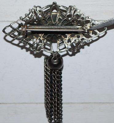 Black Beveled Round Stone BROOCH (2½" x 2") with Dark Chain Dangles & Grill Silver Tone Setting