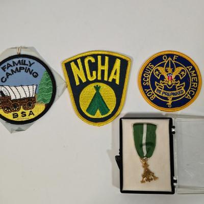 LOT 99L: Boy Scout Patches, Bird Books, Binoculars, Wooden Fish Shaped Rod Holder, Gone Fishing Sign, Sportsman Thermometer, Flyboys by...