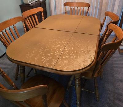 LOT 116D: Oscar Huber Dining Table and 6 Chair Set with Table Pads