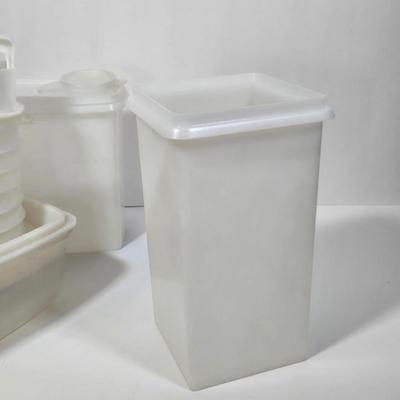 LOT 122L: Big Lot of Vintage Tupperware Including Hamburger Patty Forms, Cereal Container, and More