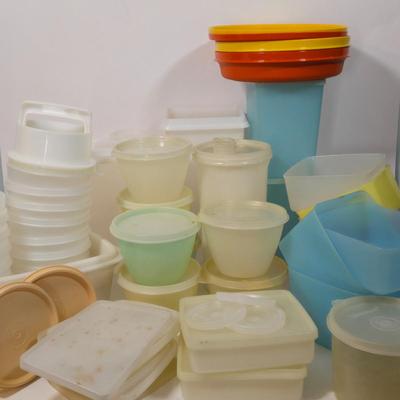 LOT 122L: Big Lot of Vintage Tupperware Including Hamburger Patty Forms, Cereal Container, and More