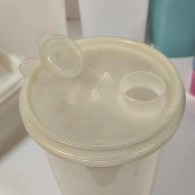 LOT 122L: Big Lot of Vintage Tupperware Including Hamburger Patty Forms, Cereal Container, and More