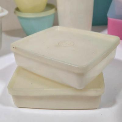 LOT 122L: Big Lot of Vintage Tupperware Including Hamburger Patty Forms, Cereal Container, and More