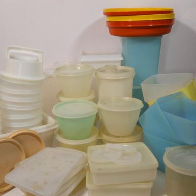 LOT 122L: Big Lot of Vintage Tupperware Including Hamburger Patty Forms, Cereal Container, and More