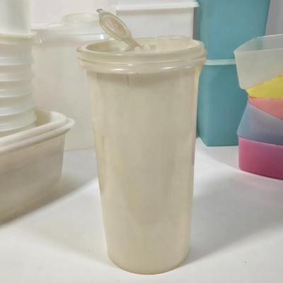 LOT 122L: Big Lot of Vintage Tupperware Including Hamburger Patty Forms, Cereal Container, and More