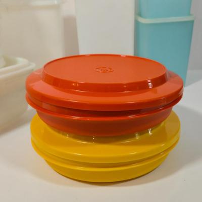 LOT 122L: Big Lot of Vintage Tupperware Including Hamburger Patty Forms, Cereal Container, and More