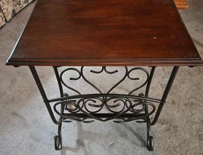 LOT 124L: Vintage Wooden Magazine Rack, Wood Top Side Table with Metal Base, and Winthrop Oscar Huber Cherry Wood Cobbler's Bench...