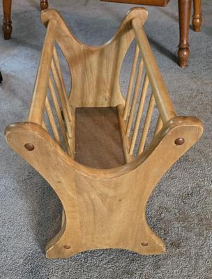 LOT 124L: Vintage Wooden Magazine Rack, Wood Top Side Table with Metal Base, and Winthrop Oscar Huber Cherry Wood Cobbler's Bench...