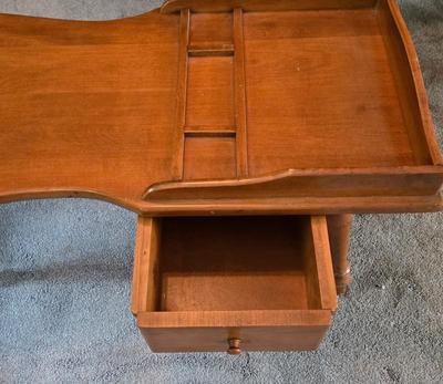 LOT 124L: Vintage Wooden Magazine Rack, Wood Top Side Table with Metal Base, and Winthrop Oscar Huber Cherry Wood Cobbler's Bench...