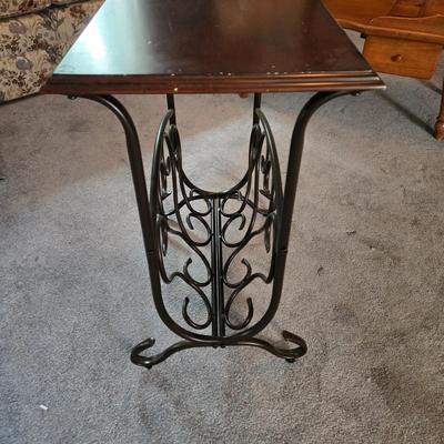 LOT 124L: Vintage Wooden Magazine Rack, Wood Top Side Table with Metal Base, and Winthrop Oscar Huber Cherry Wood Cobbler's Bench...