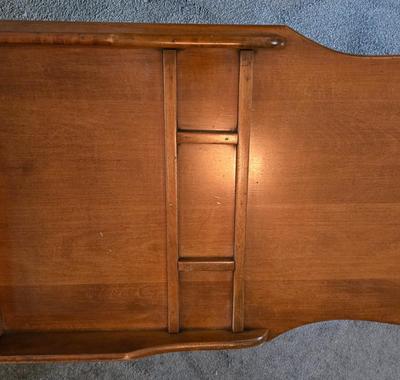 LOT 124L: Vintage Wooden Magazine Rack, Wood Top Side Table with Metal Base, and Winthrop Oscar Huber Cherry Wood Cobbler's Bench...