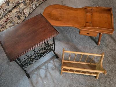 LOT 124L: Vintage Wooden Magazine Rack, Wood Top Side Table with Metal Base, and Winthrop Oscar Huber Cherry Wood Cobbler's Bench...