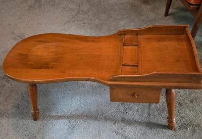 LOT 124L: Vintage Wooden Magazine Rack, Wood Top Side Table with Metal Base, and Winthrop Oscar Huber Cherry Wood Cobbler's Bench...