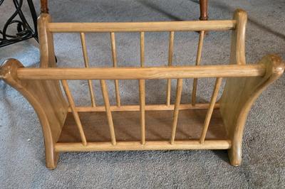 LOT 124L: Vintage Wooden Magazine Rack, Wood Top Side Table with Metal Base, and Winthrop Oscar Huber Cherry Wood Cobbler's Bench...
