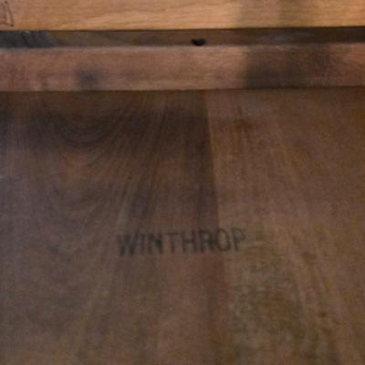 LOT 124L: Vintage Wooden Magazine Rack, Wood Top Side Table with Metal Base, and Winthrop Oscar Huber Cherry Wood Cobbler's Bench...