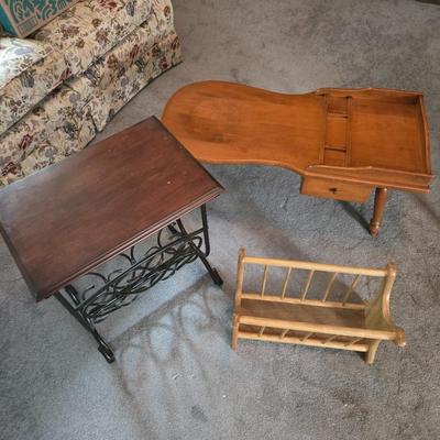 LOT 124L: Vintage Wooden Magazine Rack, Wood Top Side Table with Metal Base, and Winthrop Oscar Huber Cherry Wood Cobbler's Bench...