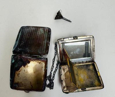 3 piece silver plate lot - tiny funnel, cigarette case, hidden panel purse