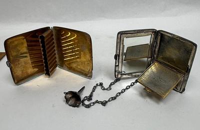 3 piece silver plate lot - tiny funnel, cigarette case, hidden panel purse