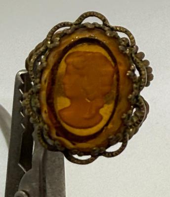 Vintage Ring Intaglio Reverse Amber Glass Carved Cameo Lady Head