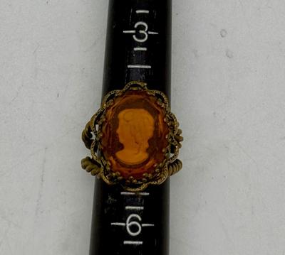 Vintage Ring Intaglio Reverse Amber Glass Carved Cameo Lady Head