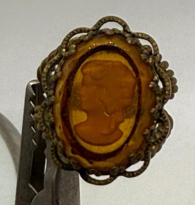 Vintage Ring Intaglio Reverse Amber Glass Carved Cameo Lady Head