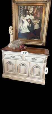 Furniture - Server buffet w/ Art & Bohemian glass decor & figural statue
