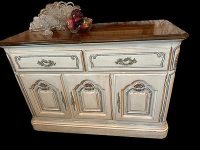 Furniture - Server buffet w/ Art & Bohemian glass decor & figural statue