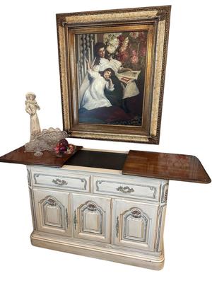Furniture - Server buffet w/ Art & Bohemian glass decor & figural statue