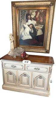 Furniture - Server buffet w/ Art & Bohemian glass decor & figural statue