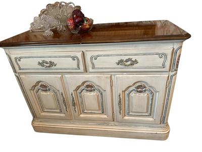 Furniture - Server buffet w/ Art & Bohemian glass decor & figural statue
