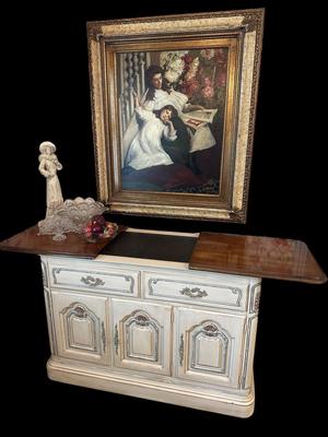 Furniture - Server buffet w/ Art & Bohemian glass decor & figural statue