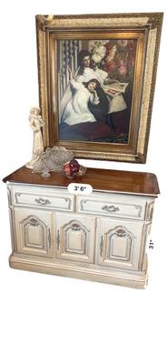 Furniture - Server buffet w/ Art & Bohemian glass decor & figural statue