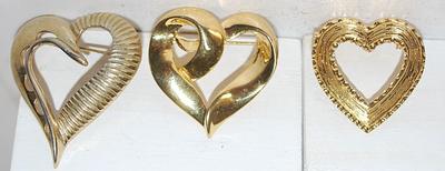 Collection of 3 "Golden" HEART BROOCHES (2" to 1¼") on Rose & Gold Tone Settings