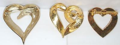 Collection of 3 "Golden" HEART BROOCHES (2" to 1¼") on Rose & Gold Tone Settings