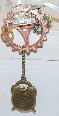Various Colored GEARS & "CLOCK' BROOCH (4" x 1½") with Rose & Gold Tone Settings