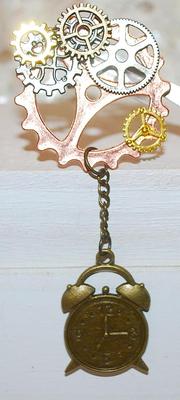 Various Colored GEARS & "CLOCK' BROOCH (4" x 1½") with Rose & Gold Tone Settings