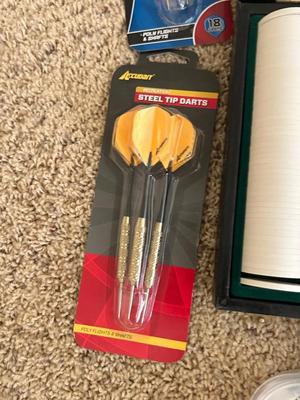 VINTAGE POKER CHIPS, DECKS OF CARDS AND A BUNCH OF DARTS