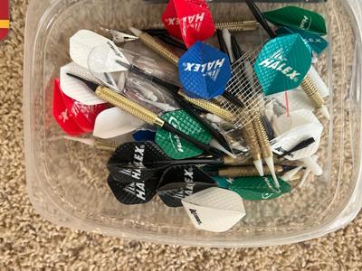 VINTAGE POKER CHIPS, DECKS OF CARDS AND A BUNCH OF DARTS