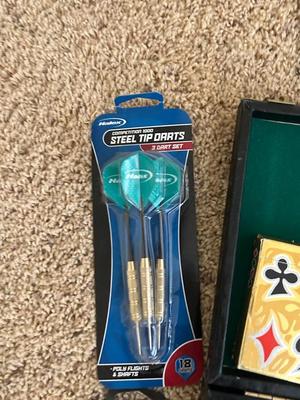 VINTAGE POKER CHIPS, DECKS OF CARDS AND A BUNCH OF DARTS