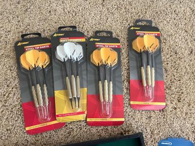VINTAGE POKER CHIPS, DECKS OF CARDS AND A BUNCH OF DARTS